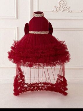 Burgundy Ruffled Tulle Flower Girl Dress with Gold Trim
